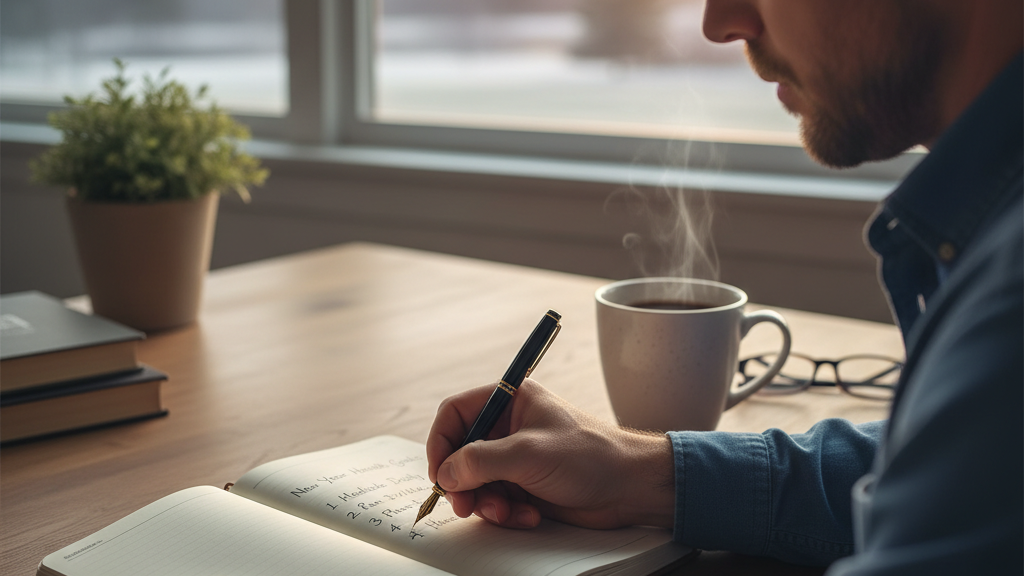Man writing health goals in a journal to reset his routine for the new year