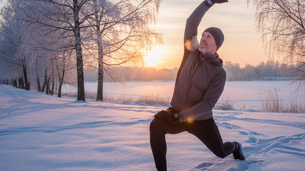 Man stretching outside in the morning as part of a new year wellness routine