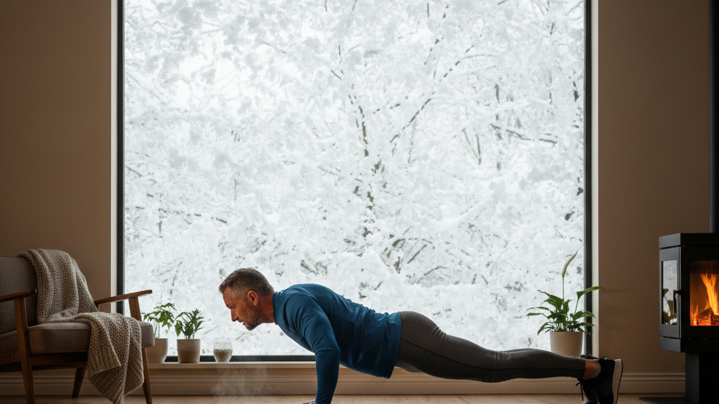 Middle-aged man doing bodyweight workout indoors during winter for seasonal fitness
