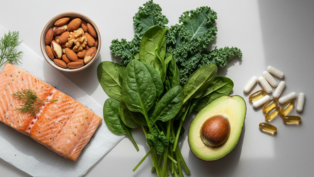 Hormone-supportive foods and nutrients arranged for wellness strategy