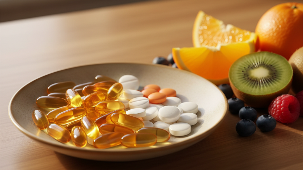 Immune-boosting foods and unmarked supplement bottles for winter wellness