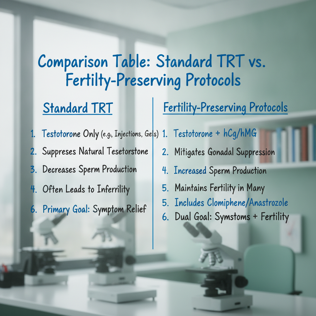 Professional illustration of Comparison Table: Standard TRT vs. Fertility-Preserving Protocols