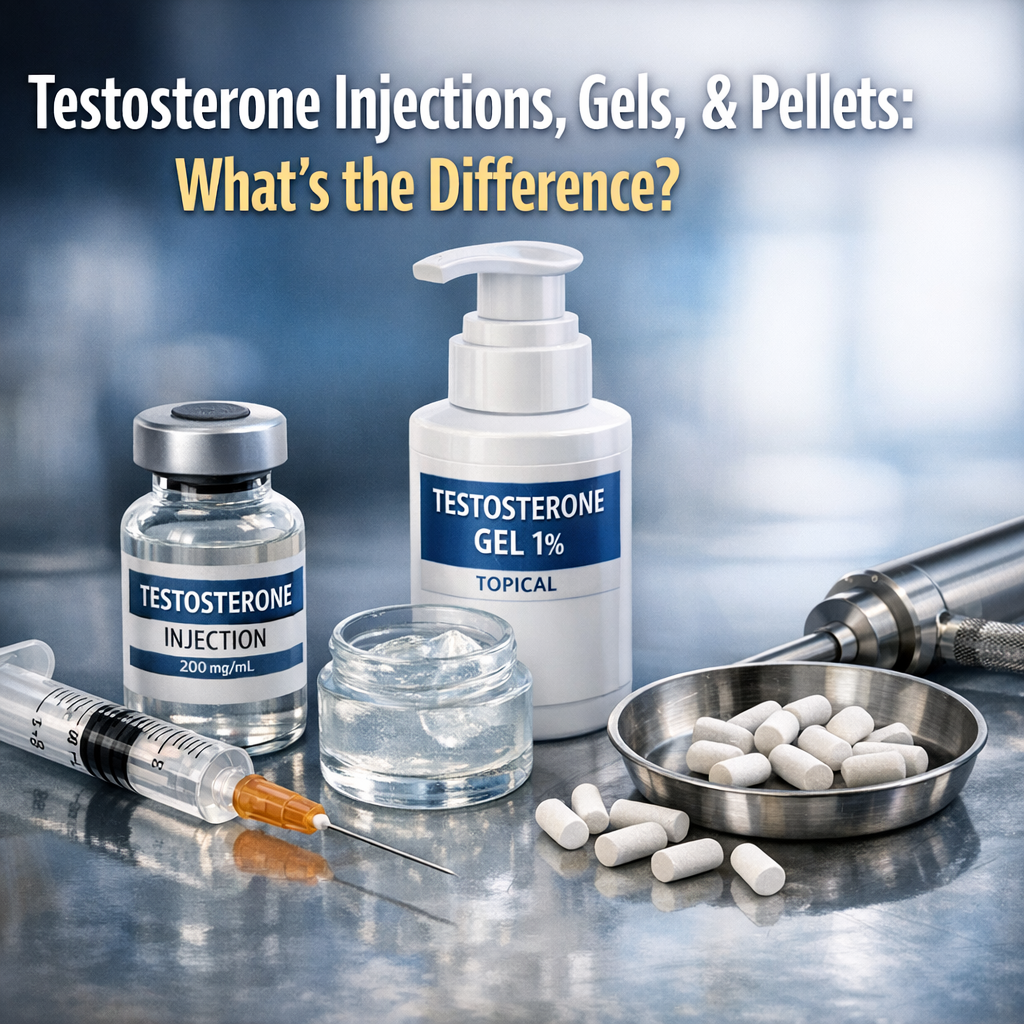 Professional illustration of What's the Difference Between Testosterone Injections, Gels, and Pellets?