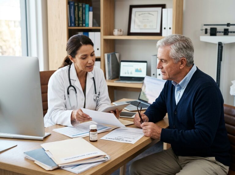 Doctor and patient discussing TRT health insurance coverage and testosterone replacement therapy costs