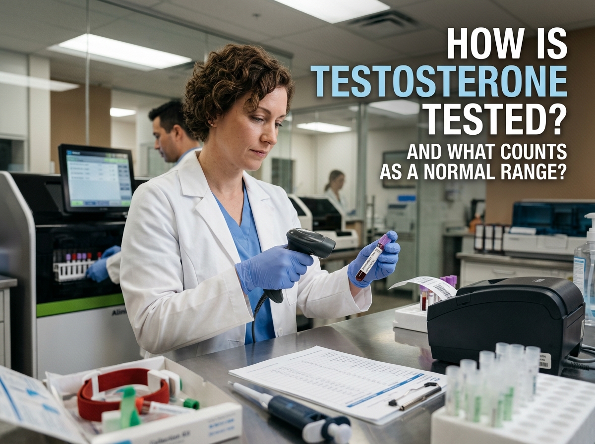 Doctor reviewing a lab blood test chart showing normal hormone ranges and testosterone levels.