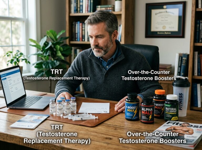 Prescription TRT vial next to OTC testosterone booster supplement pills for hormone therapy comparison.