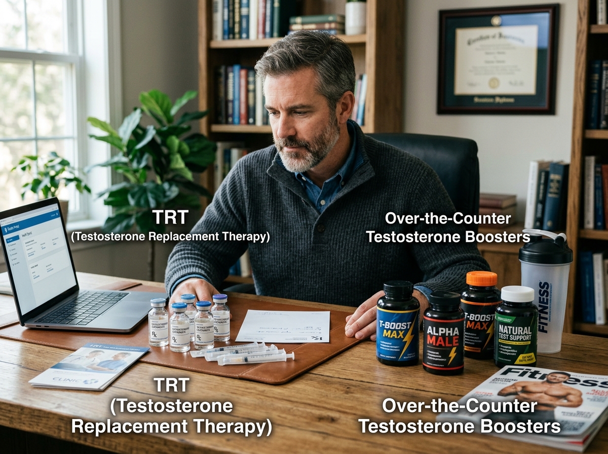 Prescription TRT vial next to OTC testosterone booster supplement pills for hormone therapy comparison.