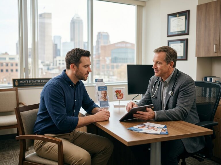 Male patient consulting a doctor at an Indiana men's health clinic for medical care and treatment options.