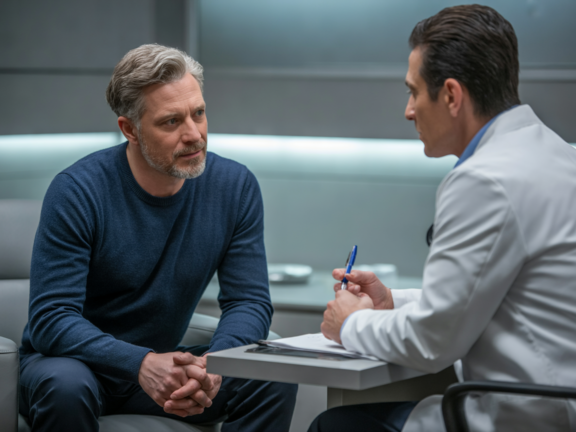 Doctor consulting male patient at an Indianapolis men's health clinic appointment.
