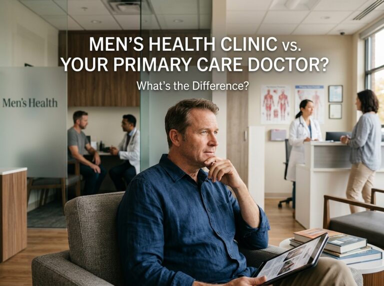 Male patient consulting a primary care doctor and men's health clinic specialist for wellness healthcare